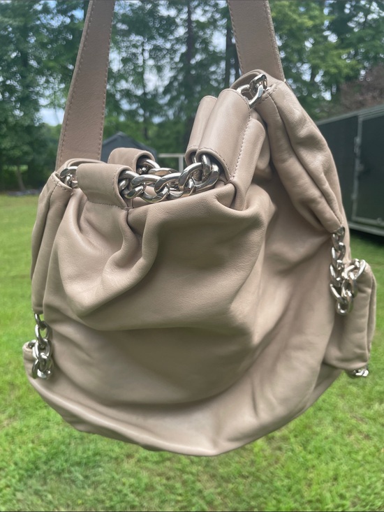 Furla Handbags - Furla Taupe Leather Hobo with Silver Chain Detail